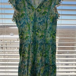 Lily Pulitzer Tropical Green-Blue Print Sleeveless Dress with Pom Trim-Size XS